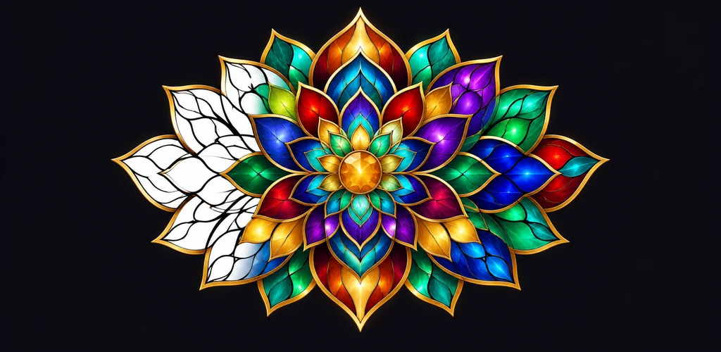 A gold-lined stained-glass flower, partly colored in jewel tones